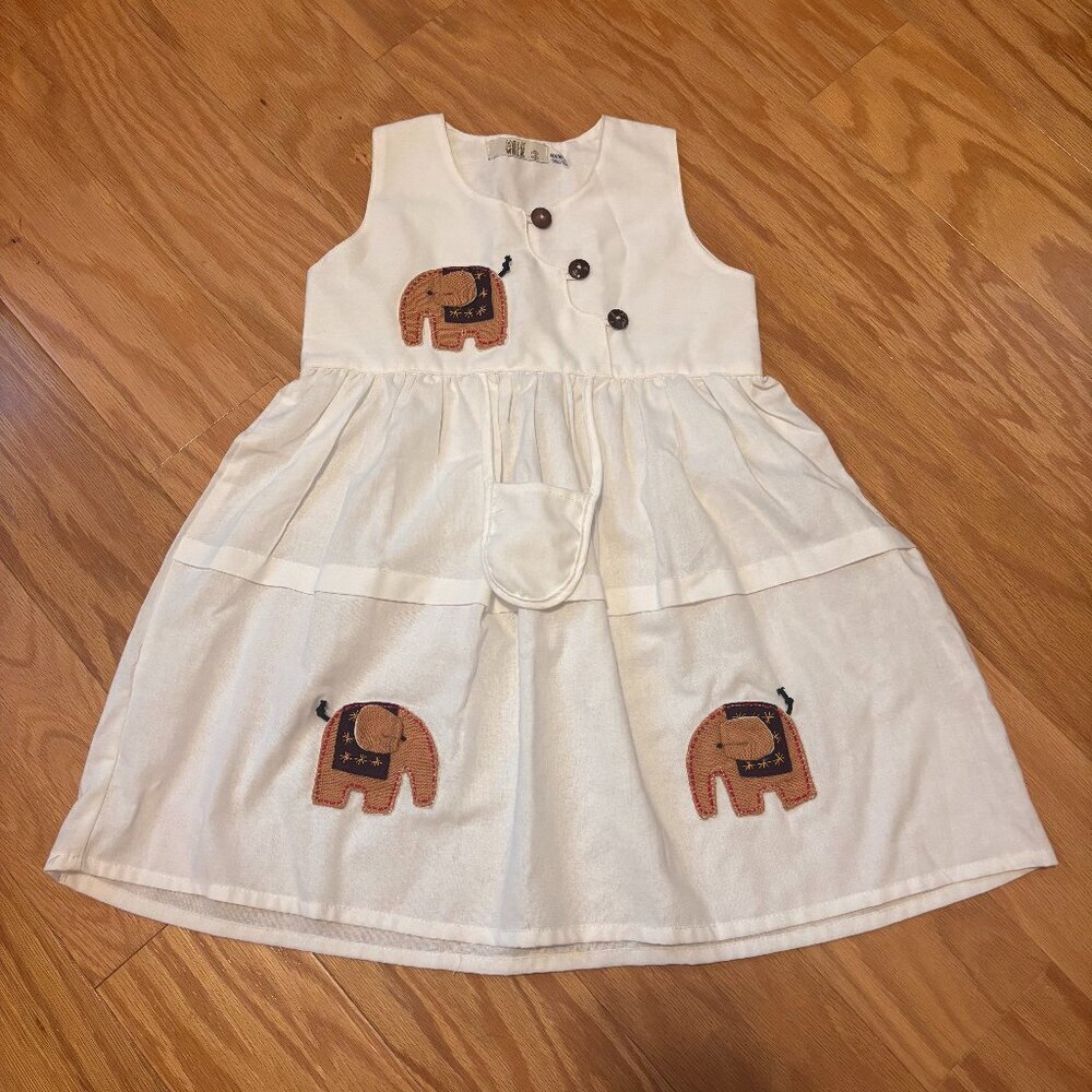 Vintage Walk Walk Baby Girls White Elephant Patch Button Dress Size 3 Thailand - Picture 1 of 6